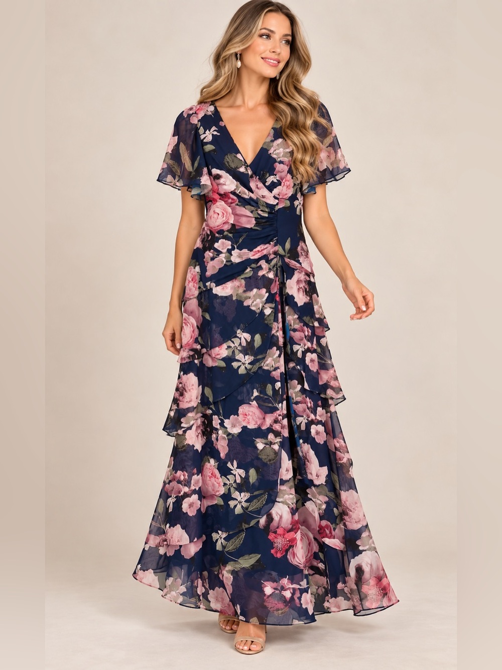 Xscape Navy Pink Floral Chiffon Ruffle Maxi Gown Dress Size 12 Formal